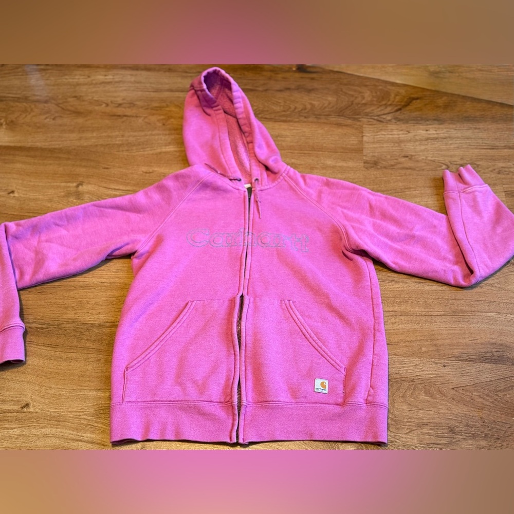 Carhart embroidered zip up pink hoodie. Women’s size S